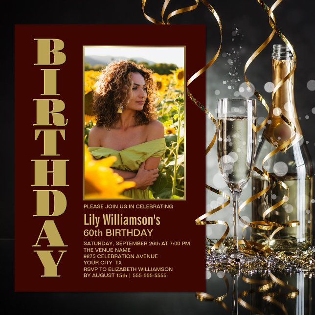 Invitación Moderna Cualquier Edad Burgundy Gold Photo Birthda (Subido por el creador)