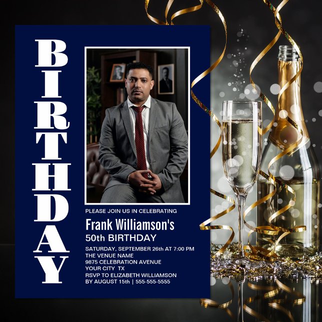 Invitación Moderna cualquier edad Navy azul foto blanca cumpl (Subido por el creador)