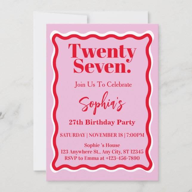 Invitación Moderna curva de onda roja rosada 27 cumpleaños (Anverso)