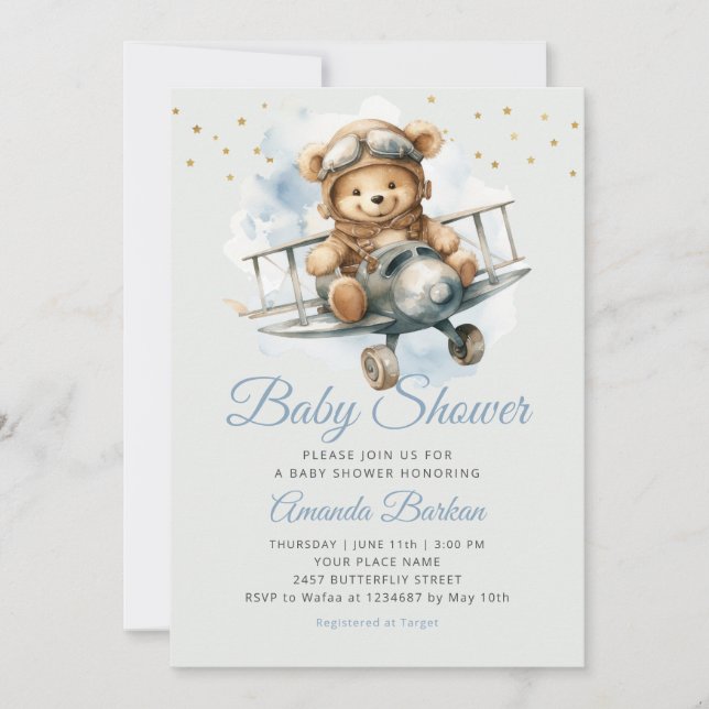Invitación Moderna Cute Boho Oso de peluche azul niño ducha d (Anverso)
