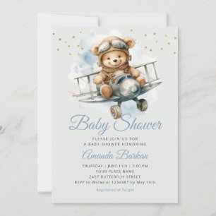 Invitación Moderna Cute Boho Oso de peluche azul niño ducha d