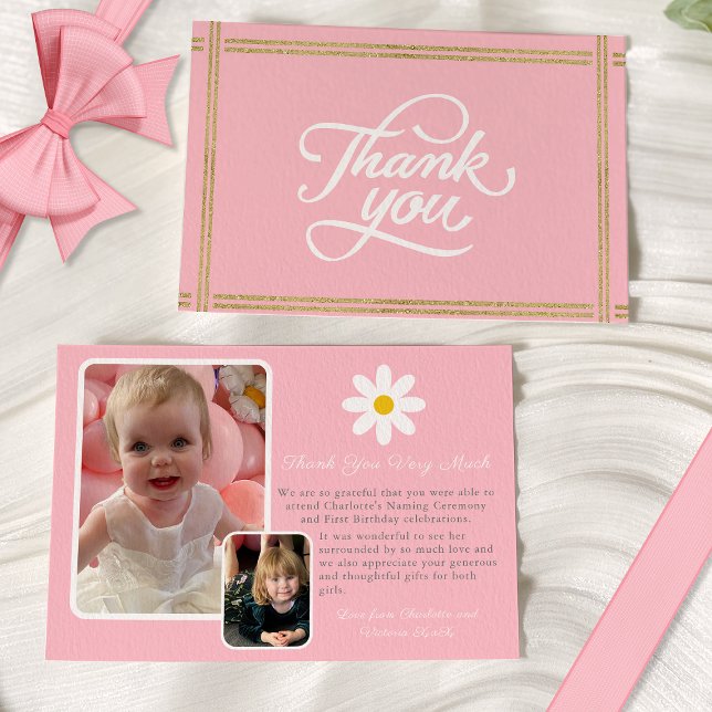 Invitación Moderna Daisy de oro blanco rosado de dos fotos Gr (Subido por el creador)