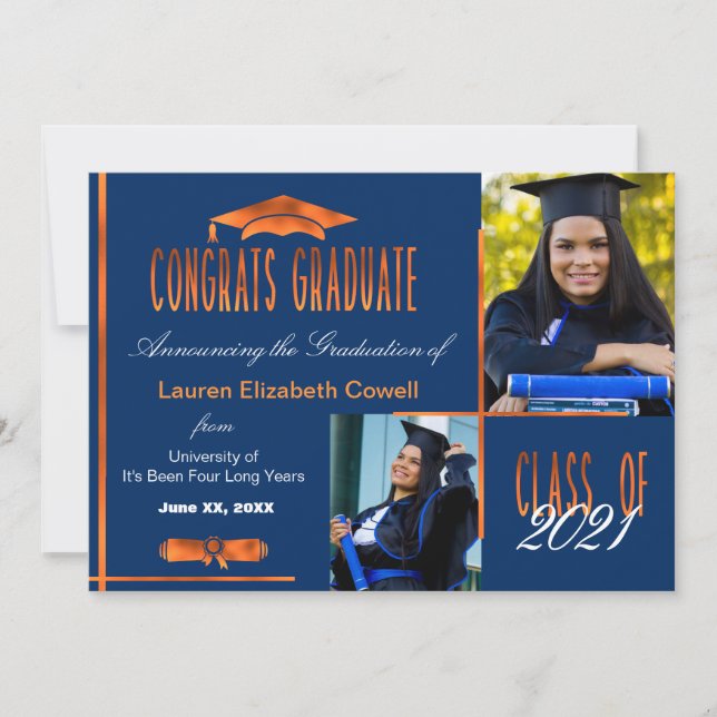 Invitación moderna de 2 foto azul y Naranja de gra (Anverso)