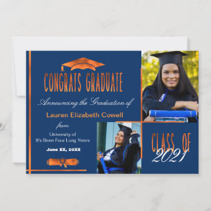 Invitación moderna de 2 foto azul y Naranja de gra