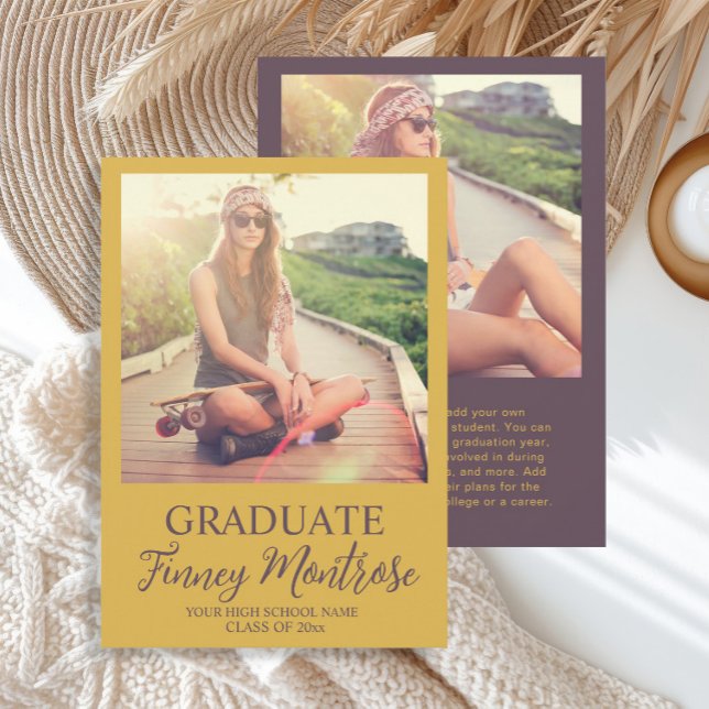 Invitación moderna de 2 fotos de graduados de colo (Mustard yellow and chocolate brown 2-photo graduation announcement)