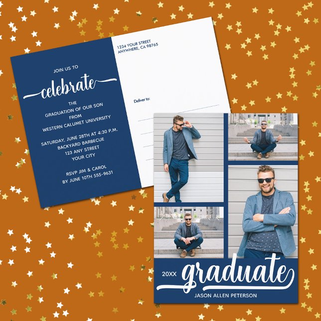 Invitación moderna de 4 graduados azules de Collag (Modern 4 photo collage blue graduate party invitation postcards)