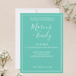 Invitación moderna de aqua Minimalista y boda blan<br><div class="desc">Invitación a la boda moderna,  minimalista y de moda,  con fondo azul acuático (Pantone's 2022 color pick "Cascade") con bloques de texto de personalizable blanco con fuentes modernas</div>