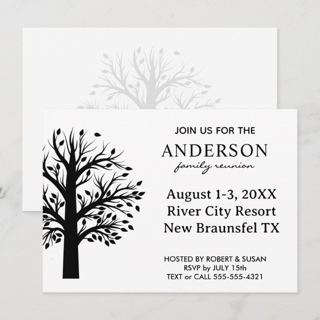 Invitación moderna de árbol blanco y negro para re (Anverso / Reverso)