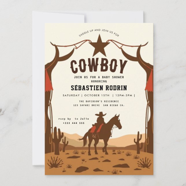 Invitación moderna de Baby Shower a Little Cowboy (Anverso)