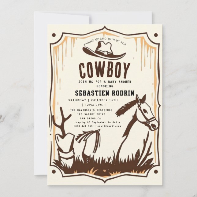Invitación moderna de Baby Shower a Little Cowboy (Anverso)