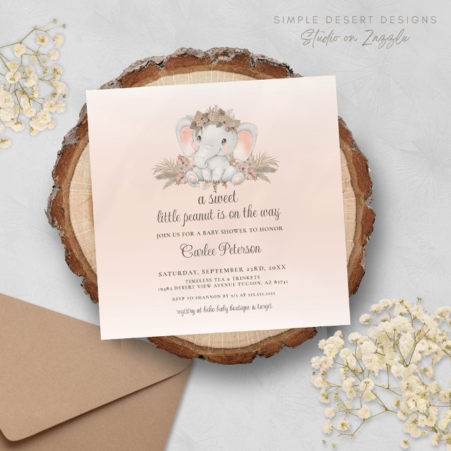 Invitación moderna de Baby Shower a los elefantes  (Modern Boho Blush Pink Floral Elephant Baby Shower Invitation for Gender Neutral Boy or Girl Party)