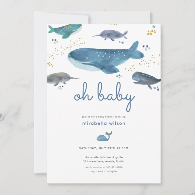 Invitación moderna de Baby Shower a Ocean Whale (Anverso)