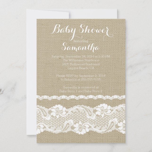 Invitación moderna de Baby Shower Burlap & Lace (Anverso)