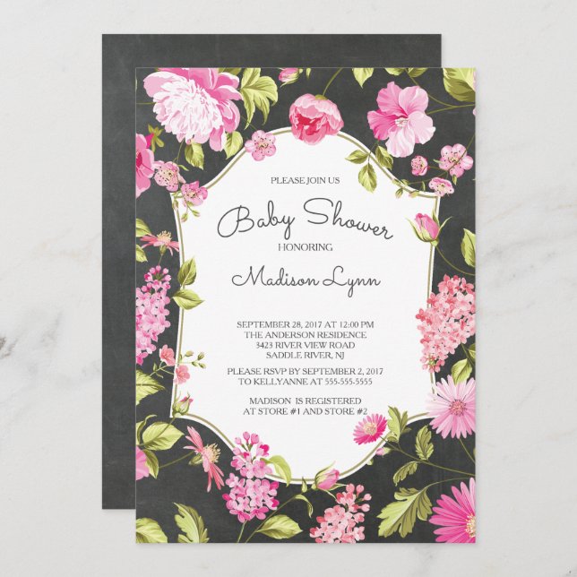 Invitación moderna de Baby Shower con cartón flora (Anverso / Reverso)