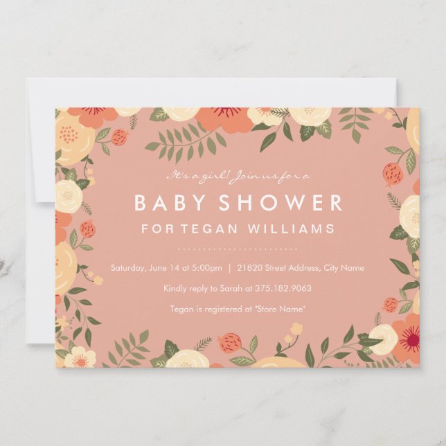 Invitación moderna de Baby Shower con flores de co (Anverso)