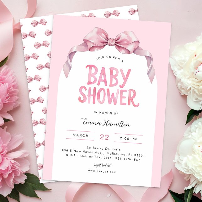 Invitación moderna de Baby Shower de Coquette Bow  (Pink Baby Shower invitation)