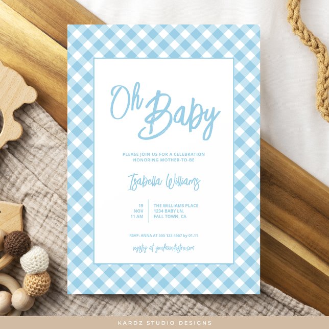 Invitación moderna de Baby Shower de Gingham azul (Invite shown in 5 x 7 inches, choose size, paper and corner style. Buy print or digital invitations.)