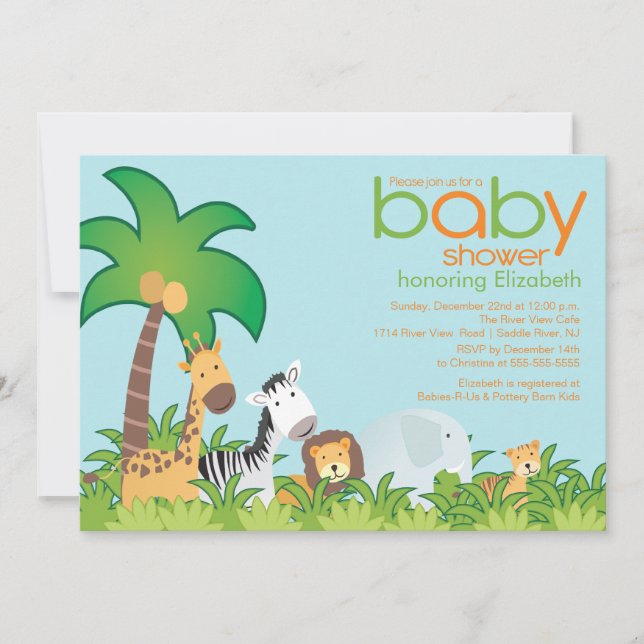 Invitación moderna de Baby Shower de los animales (Anverso)