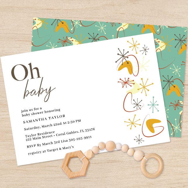 Invitación moderna de Baby Shower de mediados de s (Oh Baby Atomic Starbursts Baby Shower Invitation)