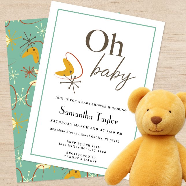 Invitación moderna de Baby Shower de mediados de s (Oh Baby - Mid Century Modern Baby Shower Themed Invitation )