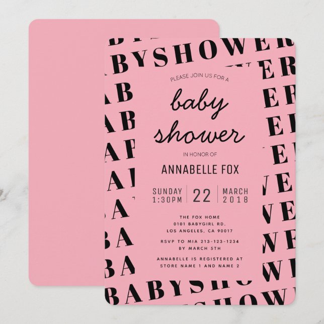 Invitación moderna de Baby Shower de moda rosada n (Anverso / Reverso)