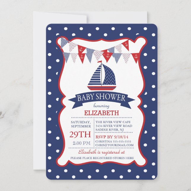 Invitación moderna de Baby Shower en barco náutico (Anverso)