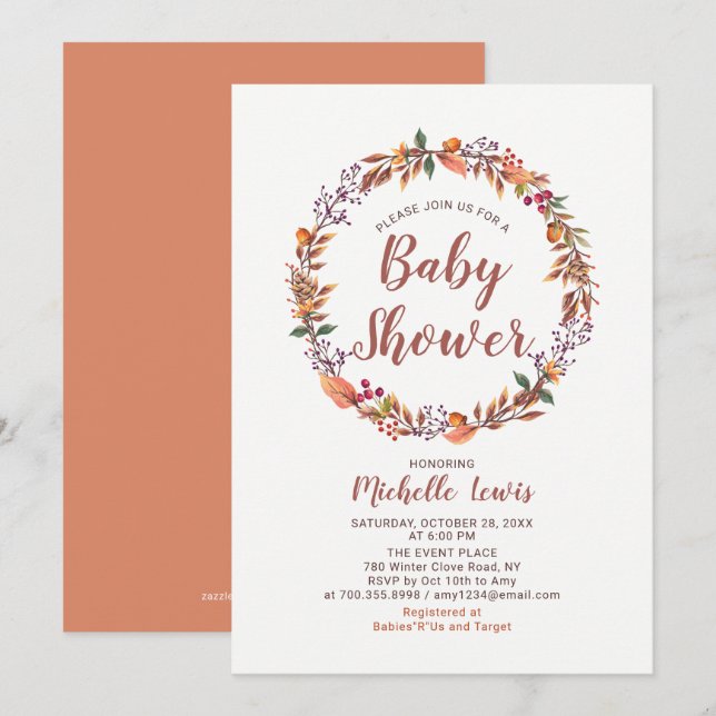 Invitación moderna de baby shower floral de otoño  (Anverso / Reverso)