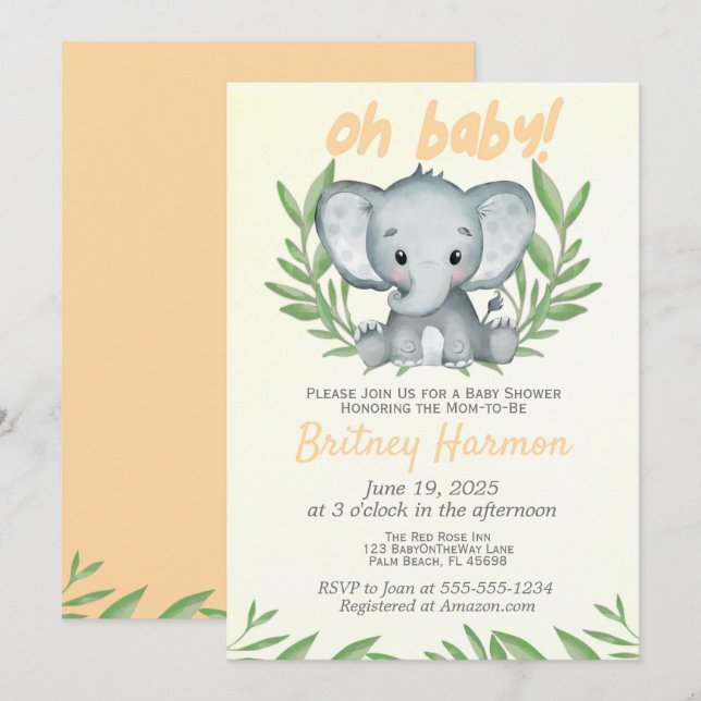 Invitación moderna de Baby Shower para elefante ne (Anverso / Reverso)