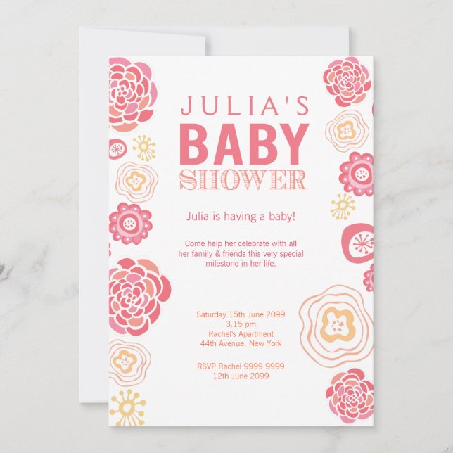 Invitación moderna de Baby Shower rosa y Naranja f (Anverso)