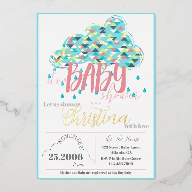 Invitación moderna de baño de bebé con hoja de oro (Anverso)