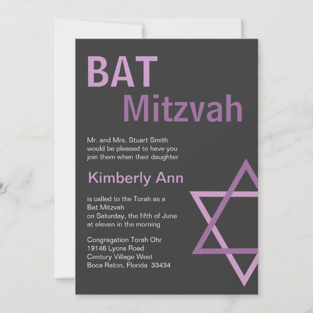 Invitación moderna de Bat Mitzvah - gris oscuro y  (Anverso)