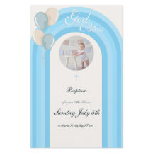 Invitación moderna de bautizo azul con menú person
