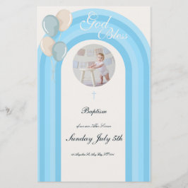 Invitación moderna de bautizo azul con menú person