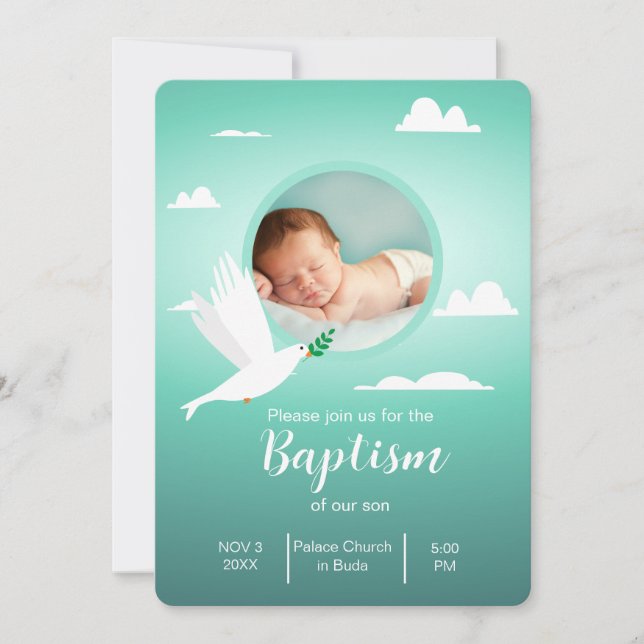 Invitación moderna de bautizo azul teal para niño (Anverso)