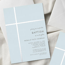 Invitación moderna de bautizo con cruz de plata