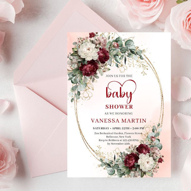 Invitación moderna de bebé de flores rojas profund (Modern Deep Red Floral Gold Baby Shower Invite

)