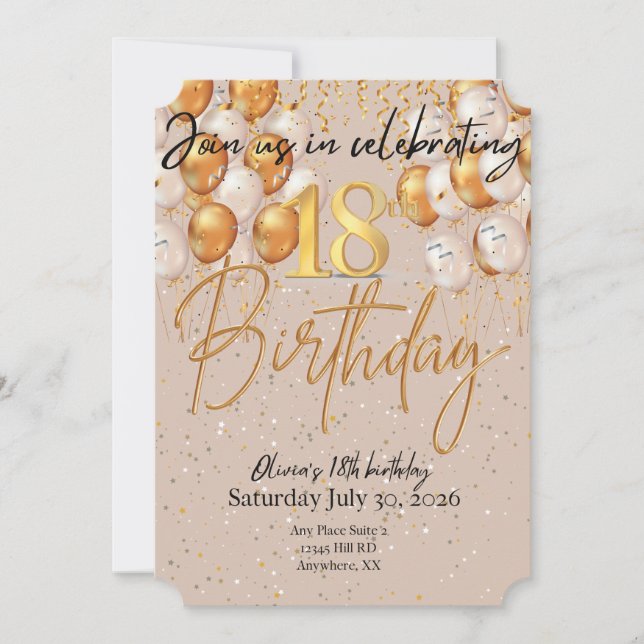 Invitación moderna de beige y oro al cumpleaños (Anverso)