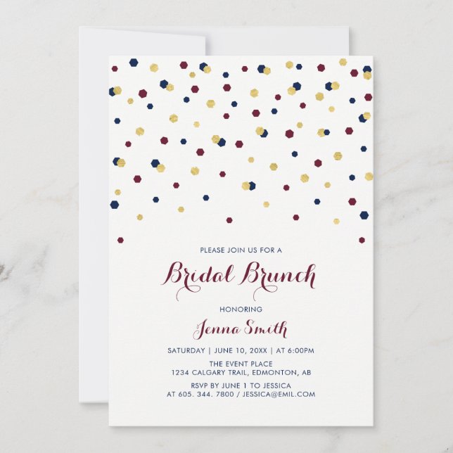 Invitación moderna de boda con confeti rojo y azul (Anverso)