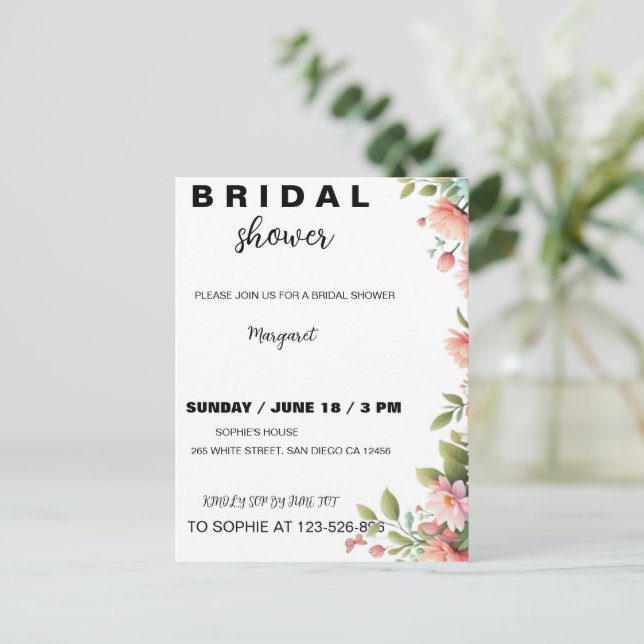 Invitación moderna de boda con flores para ducha d (Anverso de pie)