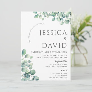 Invitación moderna de boda con follaje de eucalipt