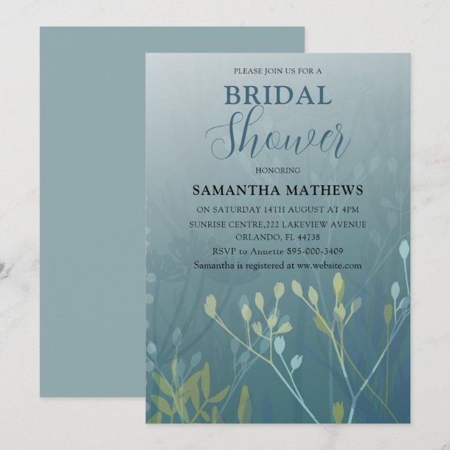 Invitación moderna de boda con follaje verde azul (Anverso / Reverso)