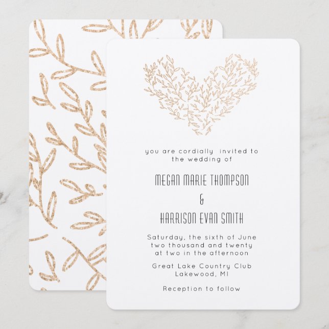 Invitación moderna de Boda de Corazón de Oro (Anverso / Reverso)