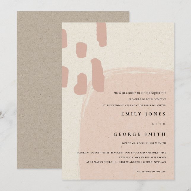 INVITACIÓN MODERNA DE BODA DE RUBOR DE ROPA SUAVE  (Anverso / Reverso)