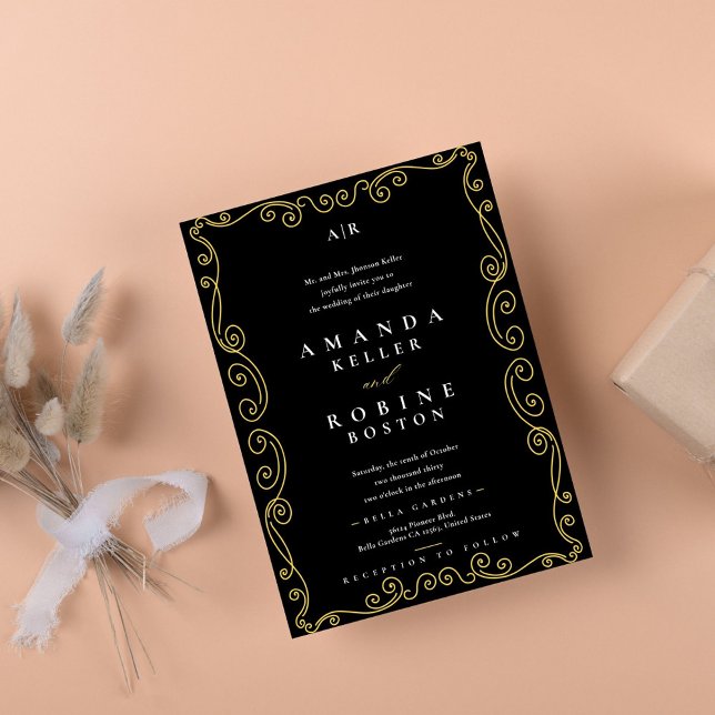Invitación moderna de Boda Elegante en Negro y Oro (Subido por el creador)