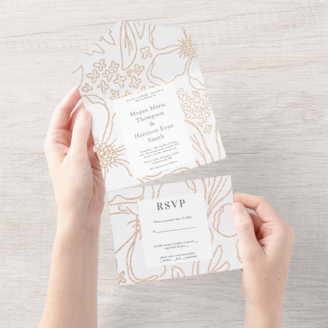 Invitación moderna de boda todo en uno con flores  (desgarro)
