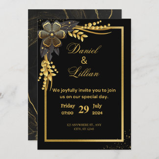 Invitación moderna de bodas en negro y oro