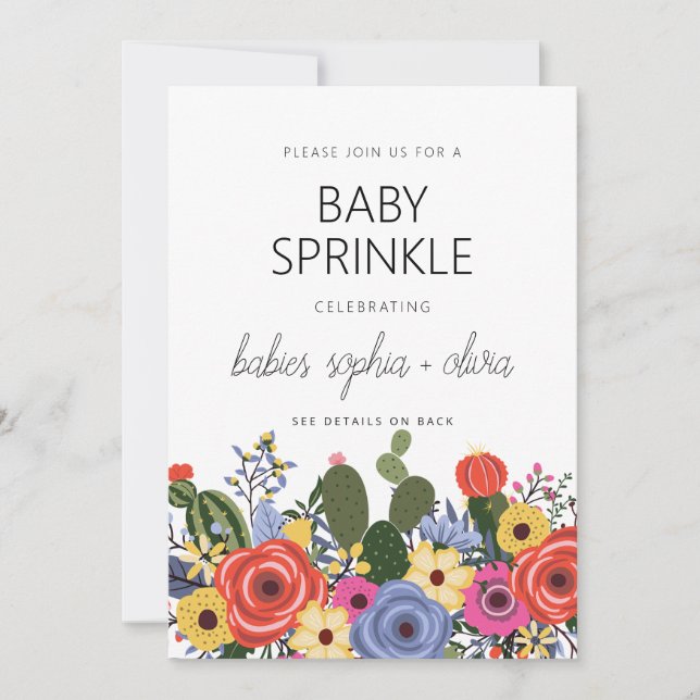 Invitación moderna de Boho Floral Twin Baby Sprink (Anverso)