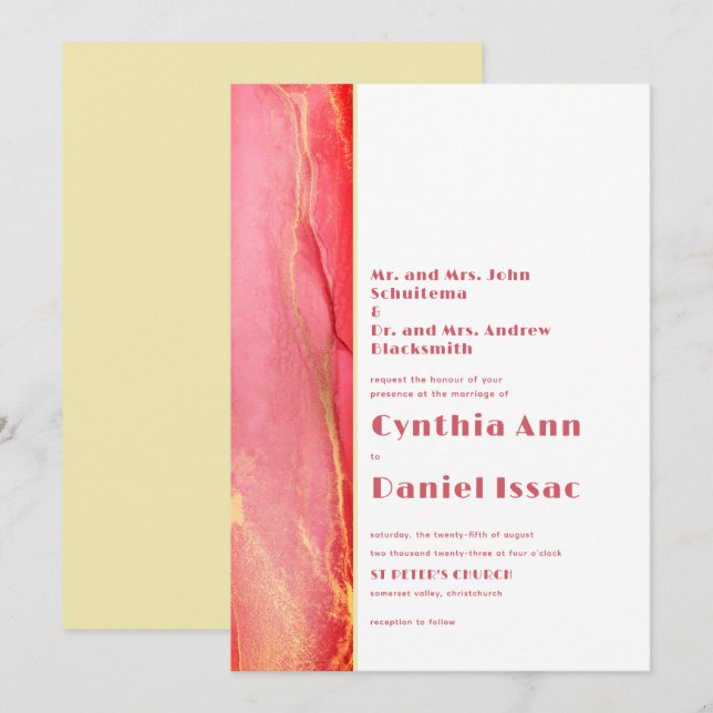 Invitación moderna de casamiento amarillo rosa y s (Anverso / Reverso)