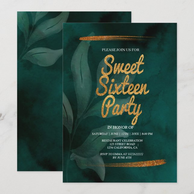 invitación moderna de cumpleaños 16 esmeralda verd (Anverso / Reverso)