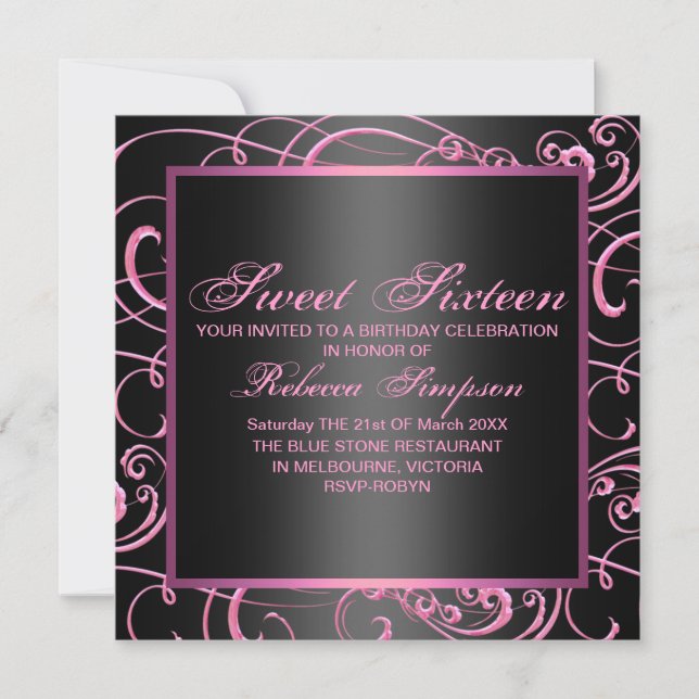 Invitación moderna de cumpleaños 16 rosa/negro rem (Anverso)